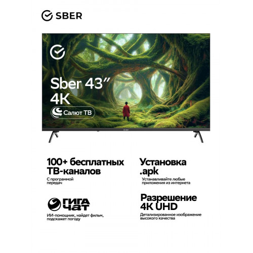 43" Телевизор Sber SDX 43U5500DBA, 3840х2160, Голосовое управление, Wi-Fi, Smart TV, Салют ТВ